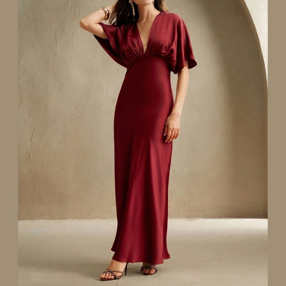 Burgundy Satin Deep V Maxi Dress with Flutter Sleeves - Picture 1 of 7